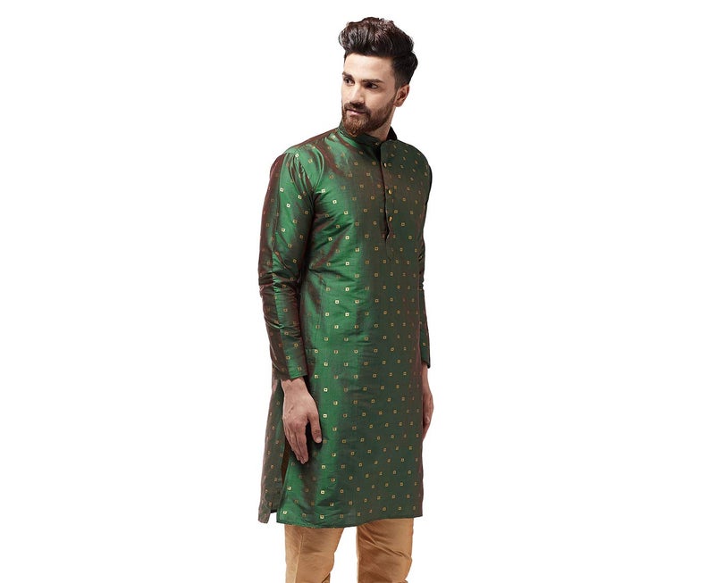 Sojanya (Since 1958 Men'S Silk Blend Dark Green Printed Only Long Kurta, Size 40 - Image 4